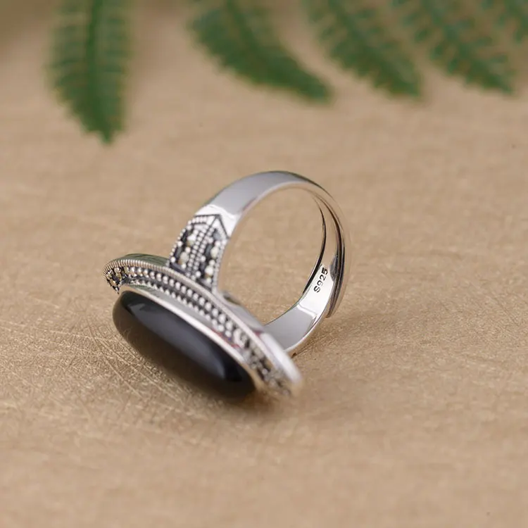 FNJ 925 Серебряное овальное кольцо с черным камнем,, S925 Стерлинговое тайское серебро, кольца для женщин, ювелирное изделие, регулируемый размер