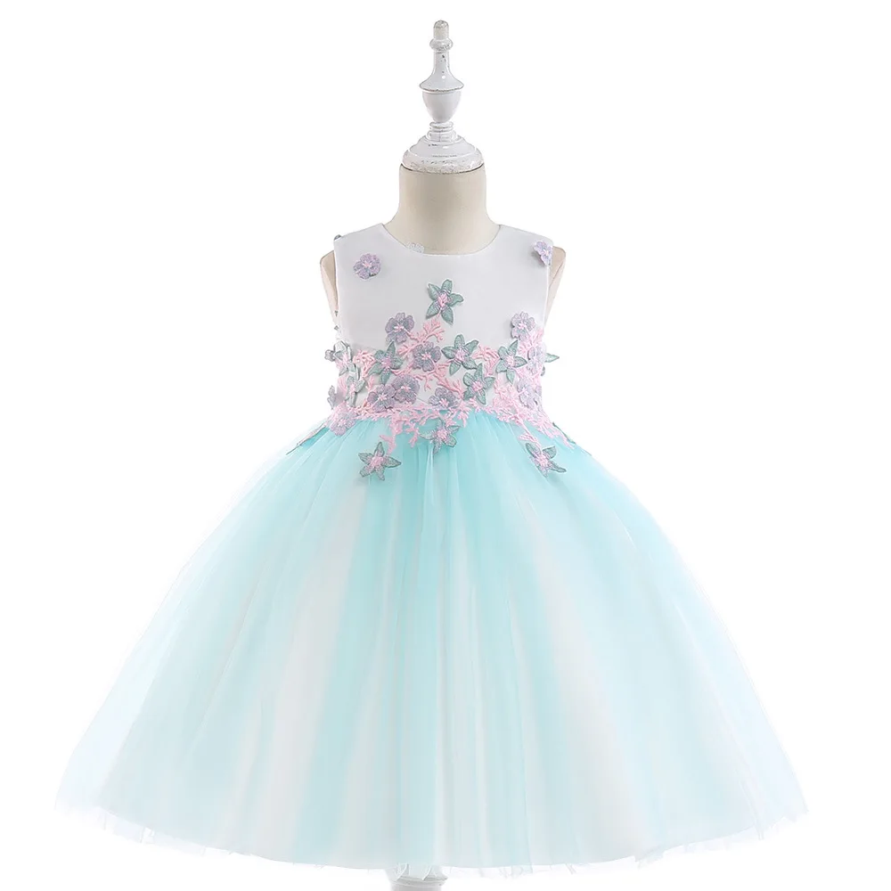 

2019 Sweet Candy-colored Girl Dress Kids Party for Girl Clothes Flower Fairy Paste Flower Mesh Sleeveless Princess Dress