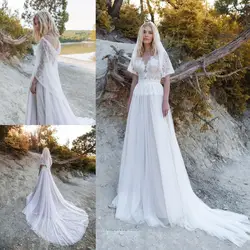 2019 богемское свадебное платье с v-образным вырезом и короткими рукавами, кружевные аппликации для свадебных платьев, Пляжное свадебное