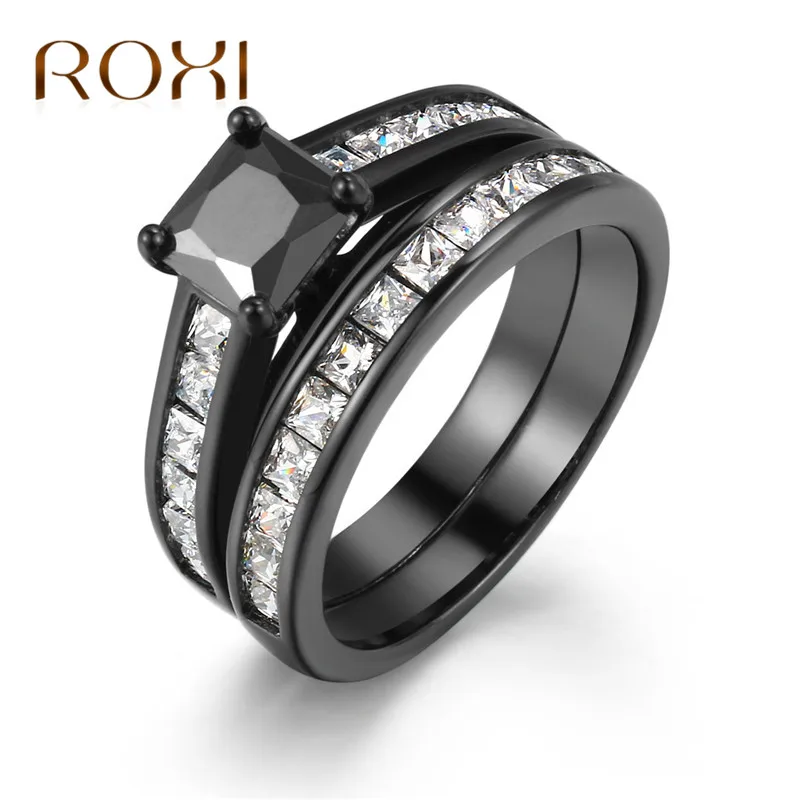 

ROXI Black Ring Set Luxury 2 Rounds Bijoux Fashion Cocktail Wedding Ring Set For Women Black Square White CZ Bague Jewelry