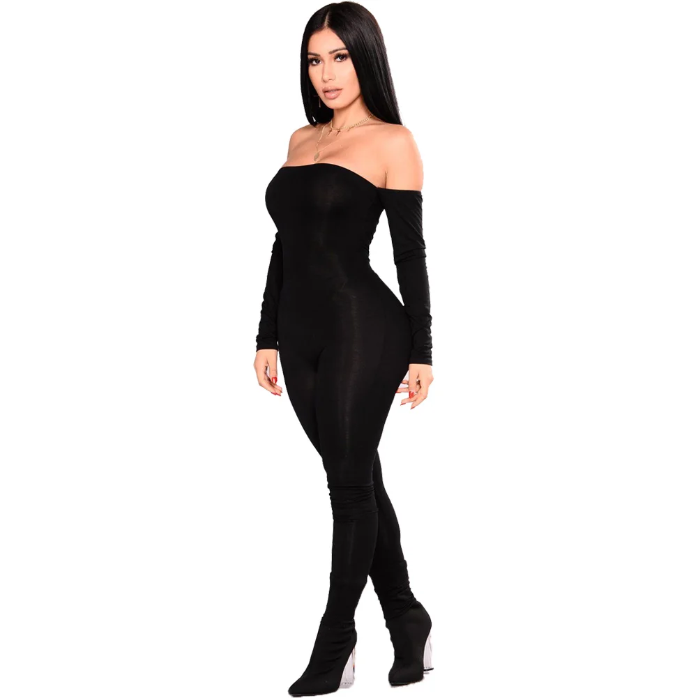 Женский сексуальный тонкий черный клубный комбинезон с открытыми плечами с длинными рукавами длинные брюки Облегающий комбинезон модная Дамская одежда