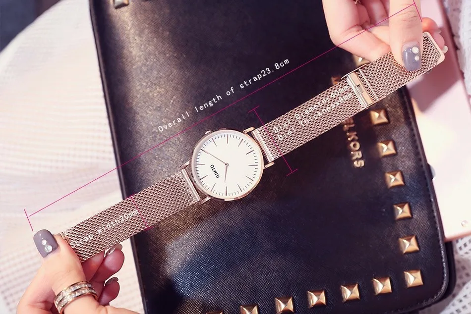 GIMTO Simple Fashion Weave Stainless Steel Rose Gold Watch Women Dress Ladies Watches Top Brand Luxury Quartz Watches For Girls