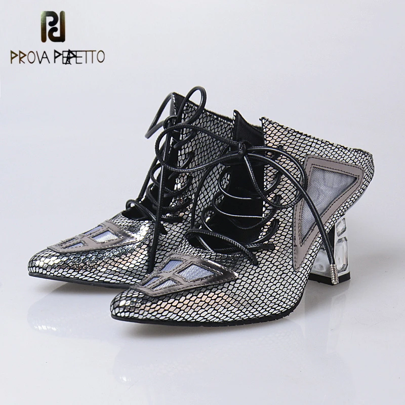 

Prova Perfetto 2018 Summer Pointed-toe Strange Heels High Heels Woman Sandals Genuine Leather Cross-tied Mixed-color Shoes