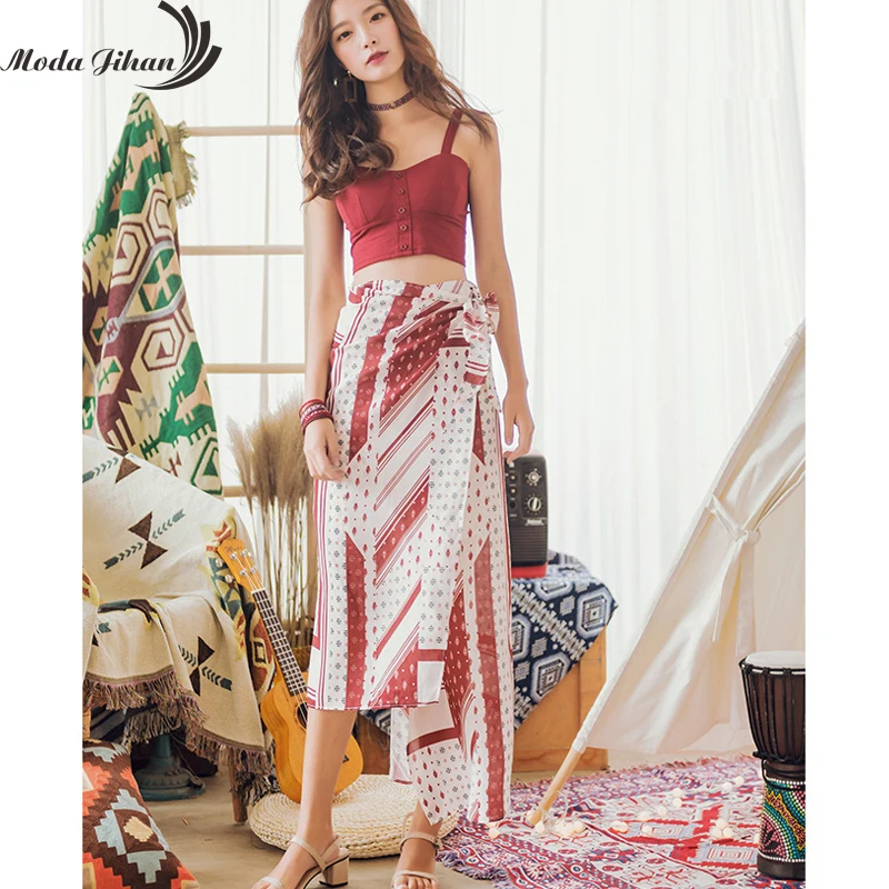 Moda Jihan Women Skirts Summer Geometric Ethnic Chiffon Irregular Hem Boho Style Ladies Skirts