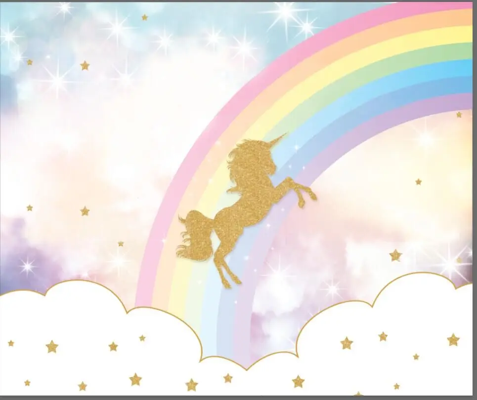7x5FT Rainbow Sky Clouds Gold Stars Unicorn Baby Shower Custom