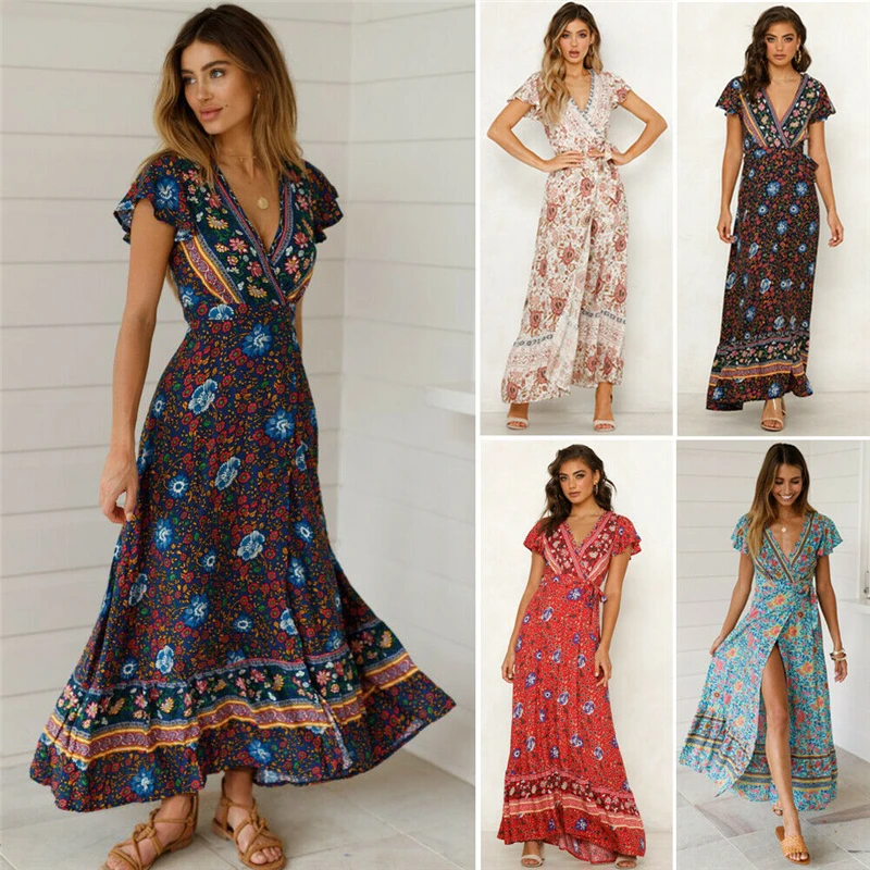 

2019 Fashion Maxi Beach Dress Women's Boho Floral Summer Floral Party Everning Beach Short Long Maxi Dress Sundress