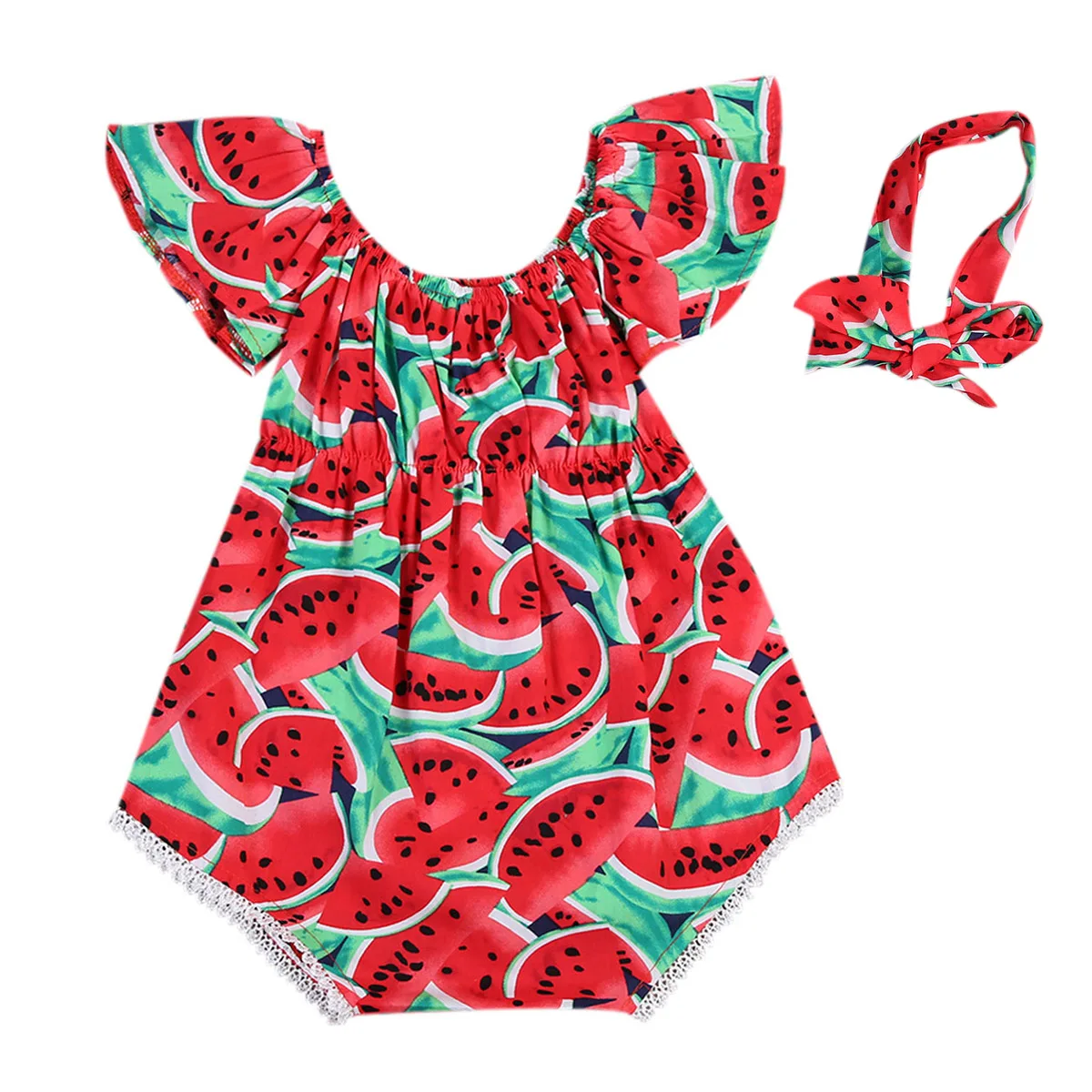 Baby Girl Red Outfit Clothes Watermelon Print Ruffles Rompers Sunsuit