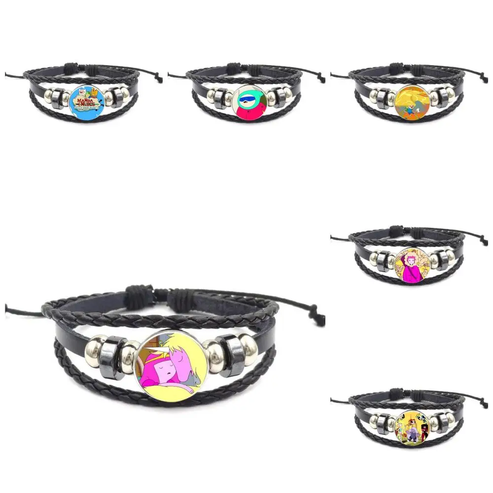 

For Kids Beads Ladies Of Adventure Time Logo Glass Black Leather Bracelet Bangle Jewelry Bijouterie