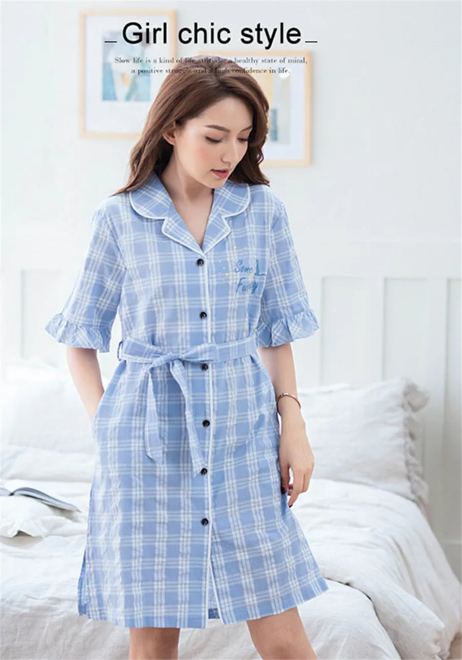 Qianxiu лето для женщин сетки ночные рубашки для девочек и ночные рубашки тонкий тканый хлопок голубой цвет пижамы женщина пояс Кнопка ноч