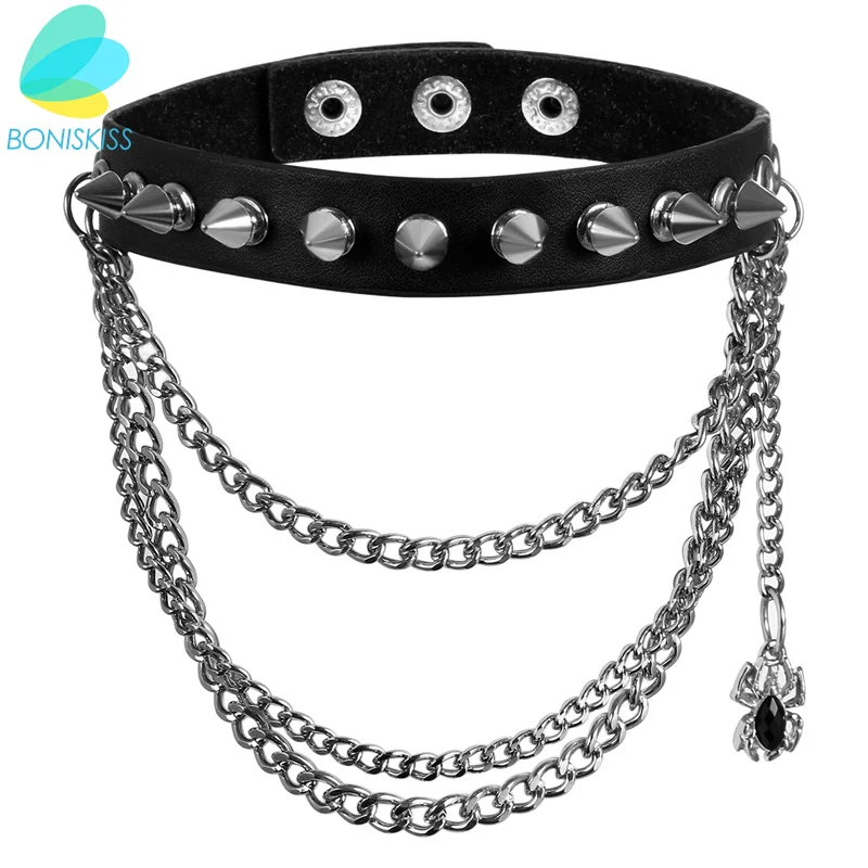 Boniskiss Multilayer Chain Punk Rock Gothic Women Men Leather Silver Spike Rivet Stud Collar Choker Necklace Statement Jewelry