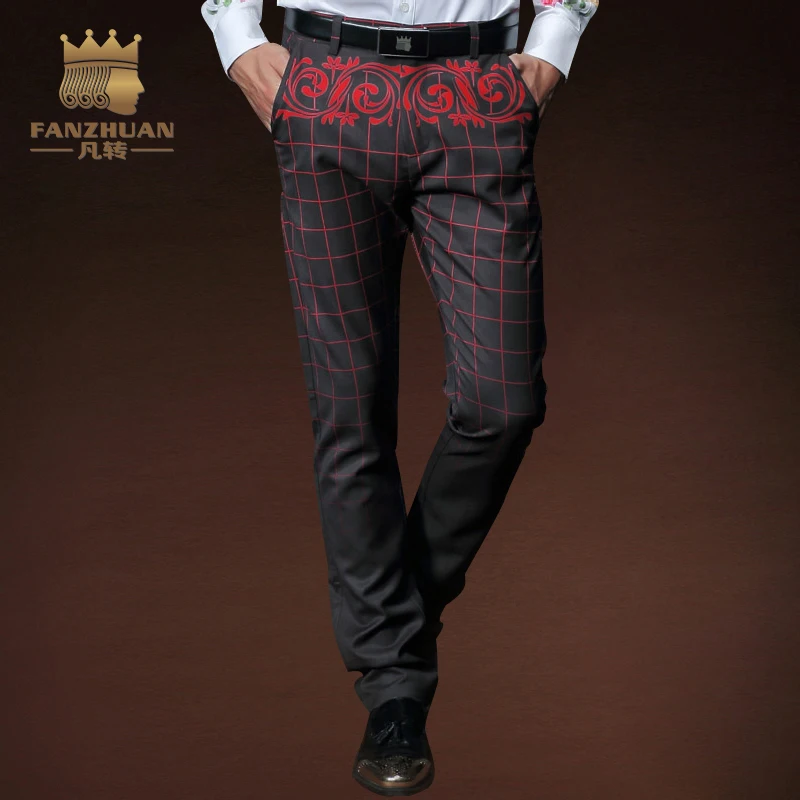 

FANZHUAN Featured Brands Clothing Gothic Men Pants Fall Style Casual Pants Full Length Straight Pants Print Lattice Suit Pants