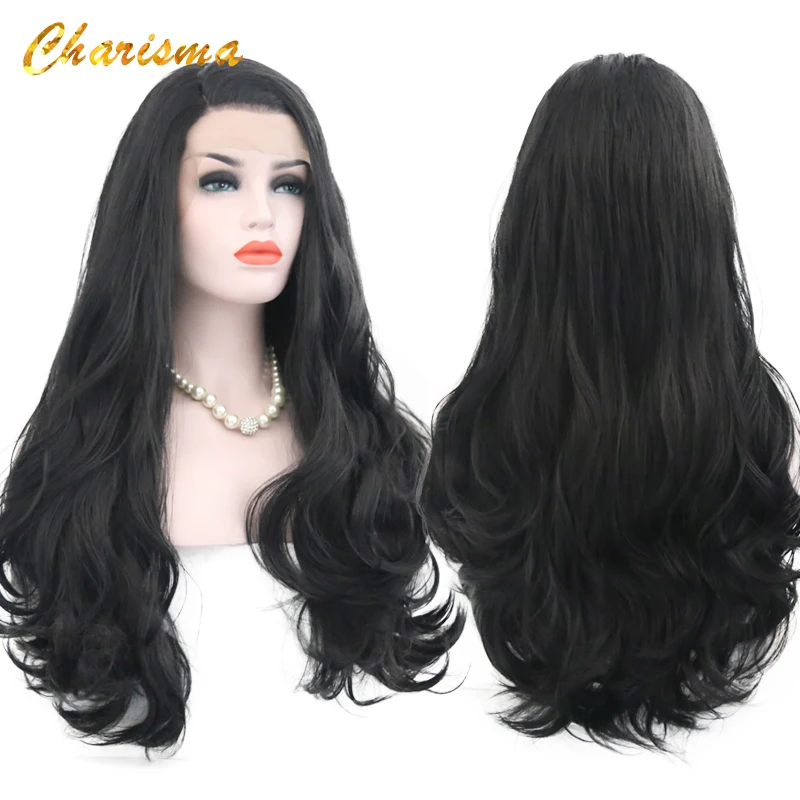 

Charisma 26 Inches Long Body Wave Synthetic Lace Front Wig Black Color Wigs Side Part Glueless 150% Density Wigs For Black Women
