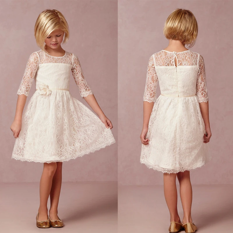 2016 New Ivory Lace Flower Girl Dresses With Sashes Half Sleeve Girl