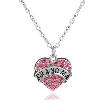 

Bespmosp 24PCS/Lot Wholesale Grandma Grandmother NANA Pink Crystal Pendant Necklace Heart Charms Gift Family Women Jewelry Love