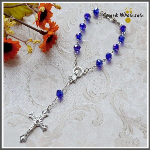 

25pcs/lot Religious Communion Favors 8*6mm Blue Crystal Rosary Bracelet Catholic Glass Mini Rosary Decade Rosary Holy Car Rosary
