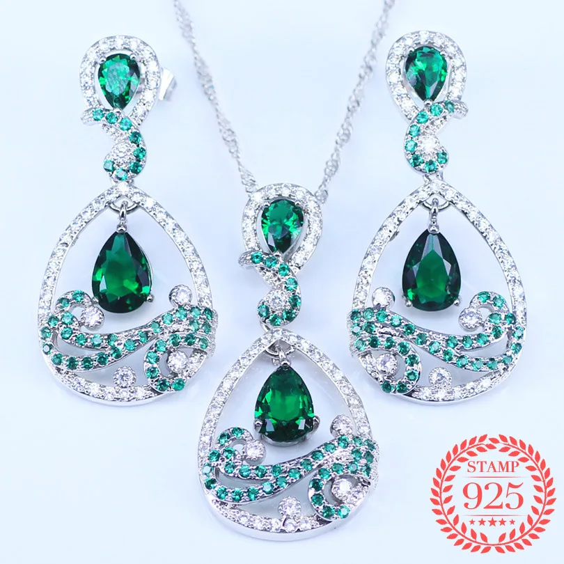 Lovely Water Drop CZ Stone And Green Crystal Necklace Earring Set Fashion 925 Silver Jewelry For Women T28 | Украшения и