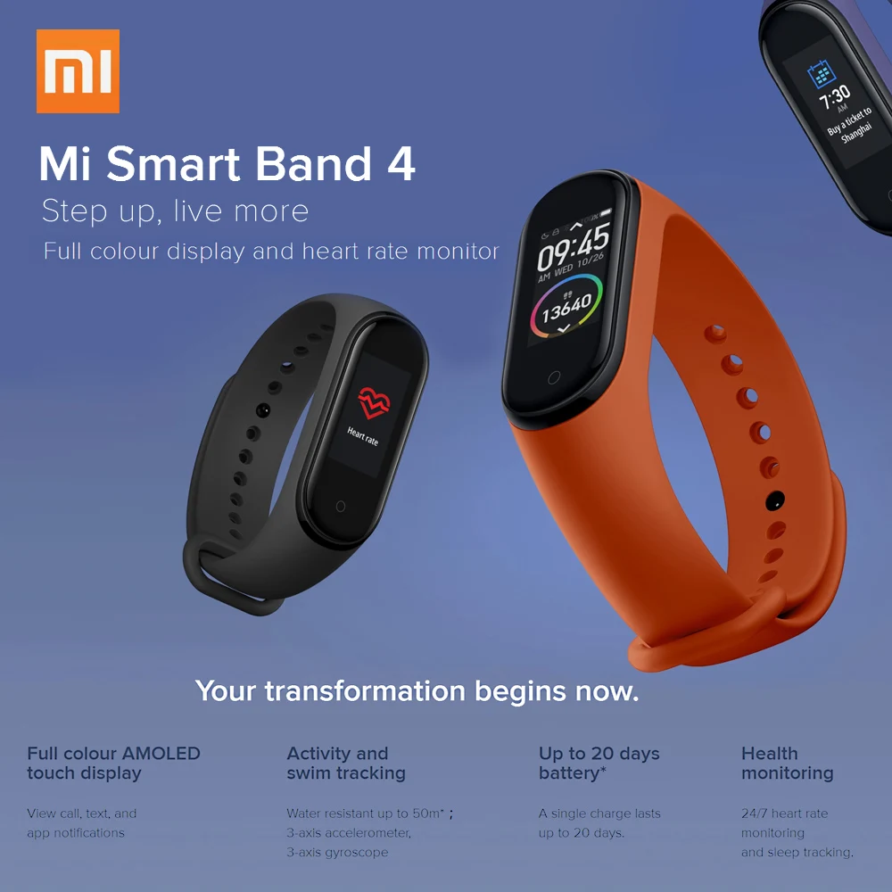 Оригинальный мужской смарт браслет Xiaomi Mi Band 4 фитнес Miband с пульсометром цветной