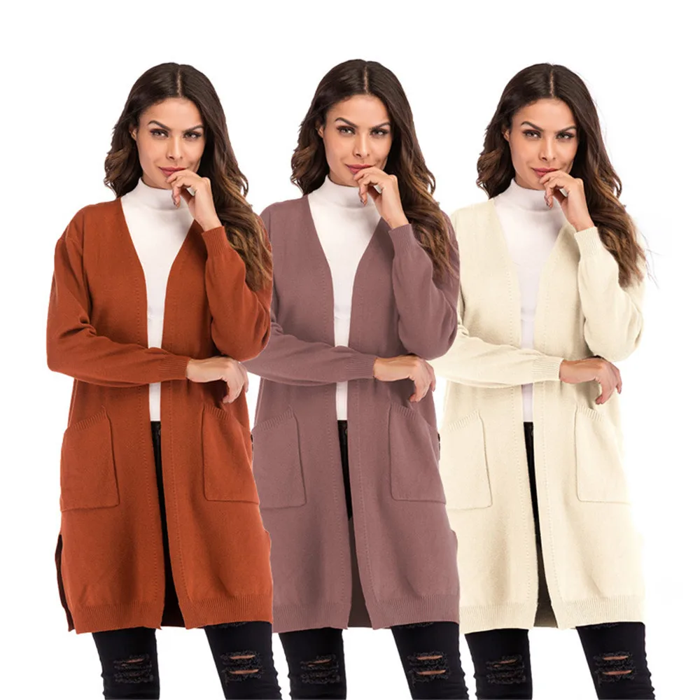 Autumn and Winter New Jacket Women's Long Cut Knit Cardigan Double Pocket Solid Color Outerwear Coats