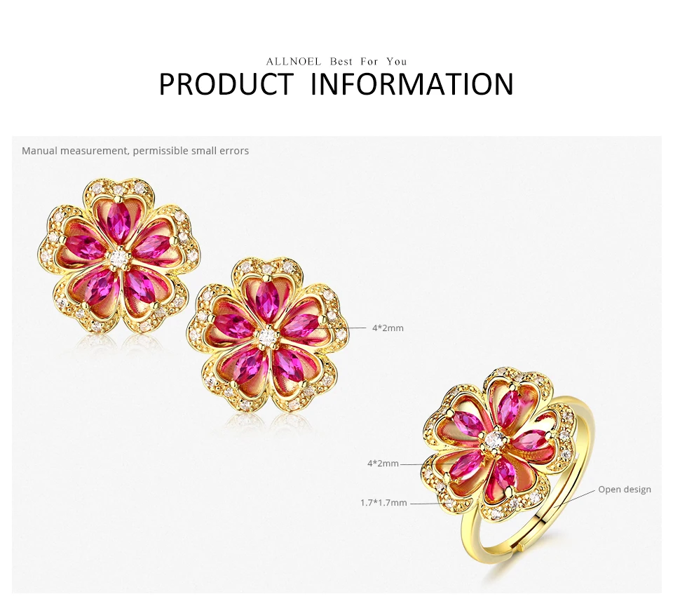 ALLNOEL Gemstone Ruby Flower Jewelry Set Real 925 Sterling Silver Red Corundum Ring Stud Earrings For Girl Women's Jewellry Gift (3)
