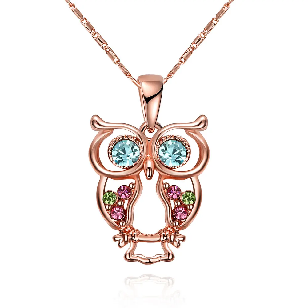 Owl Pendant Necklace Rose Gold Crystal Zircon Lovely Animal Owl Pendant Link Chain Necklace for Women Gift
