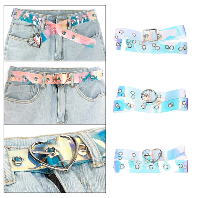

2019 Fashion Belt Laser Transparent Belts for Women Korean Style Colorful Heart Pin Buckle Plastic Belt for Female Pasek Damski