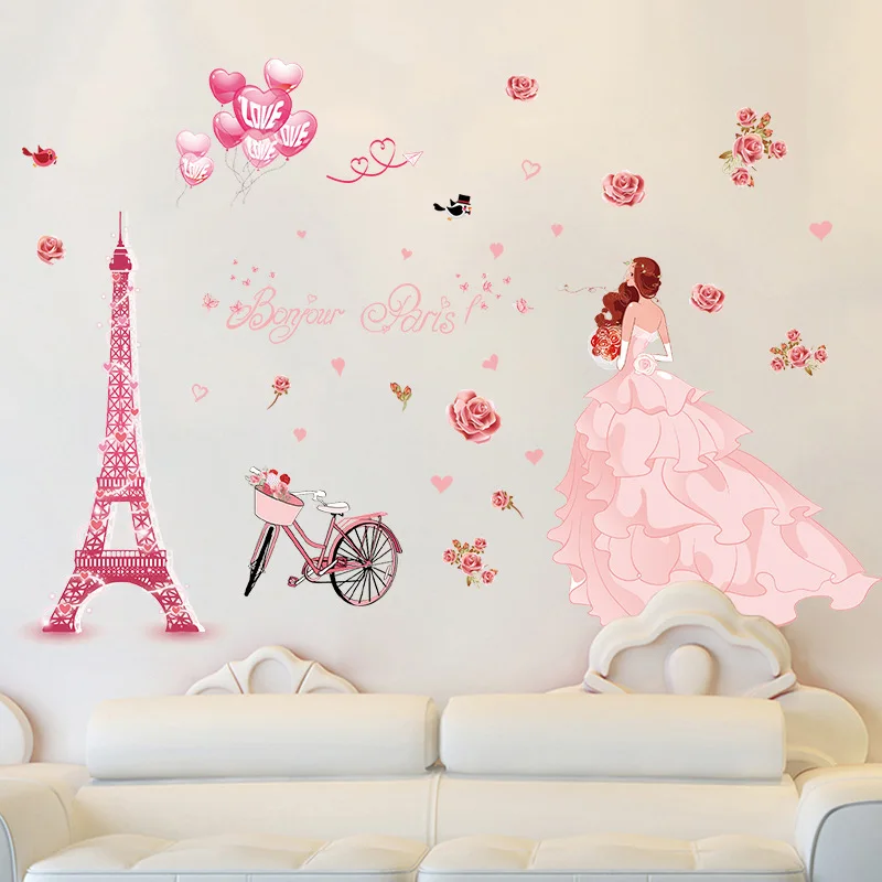 Romantic Pink Wedding Girl Wall Stickers Paris Tower Balloon Rose