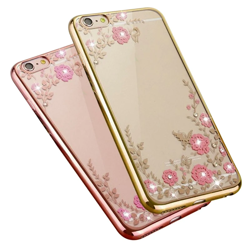

Overfly Floral Patterned Case For iPhone 6 6S Luxury Rhinestone Cover for iPhone 7 8 Plus XR XS MAX Glitter Bling Phone Case