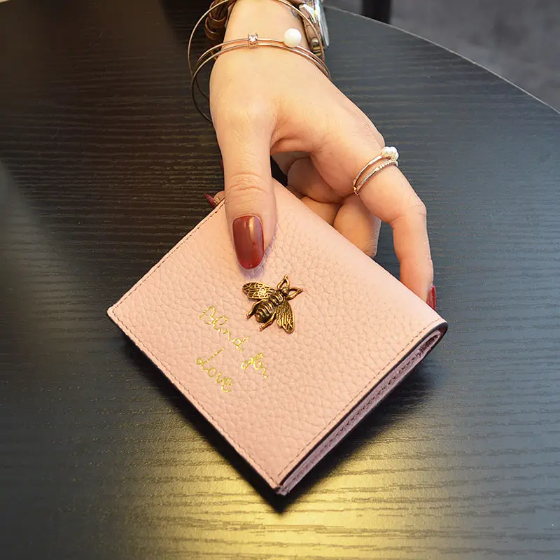 

Youbroer New Brand Leather Short Style Small Purse Female Two Fold Cowhide Printing Bee Card Bag Change