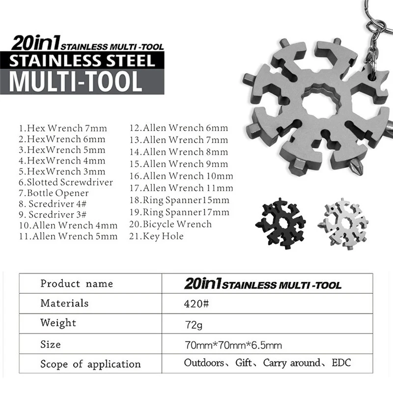 20-в-1 инструмент повседневного ношения мульти-инструментальная карта комбинация компактный и портативный продукции наружного применения в виде снежинок для повседневного использования, инструментальная карта