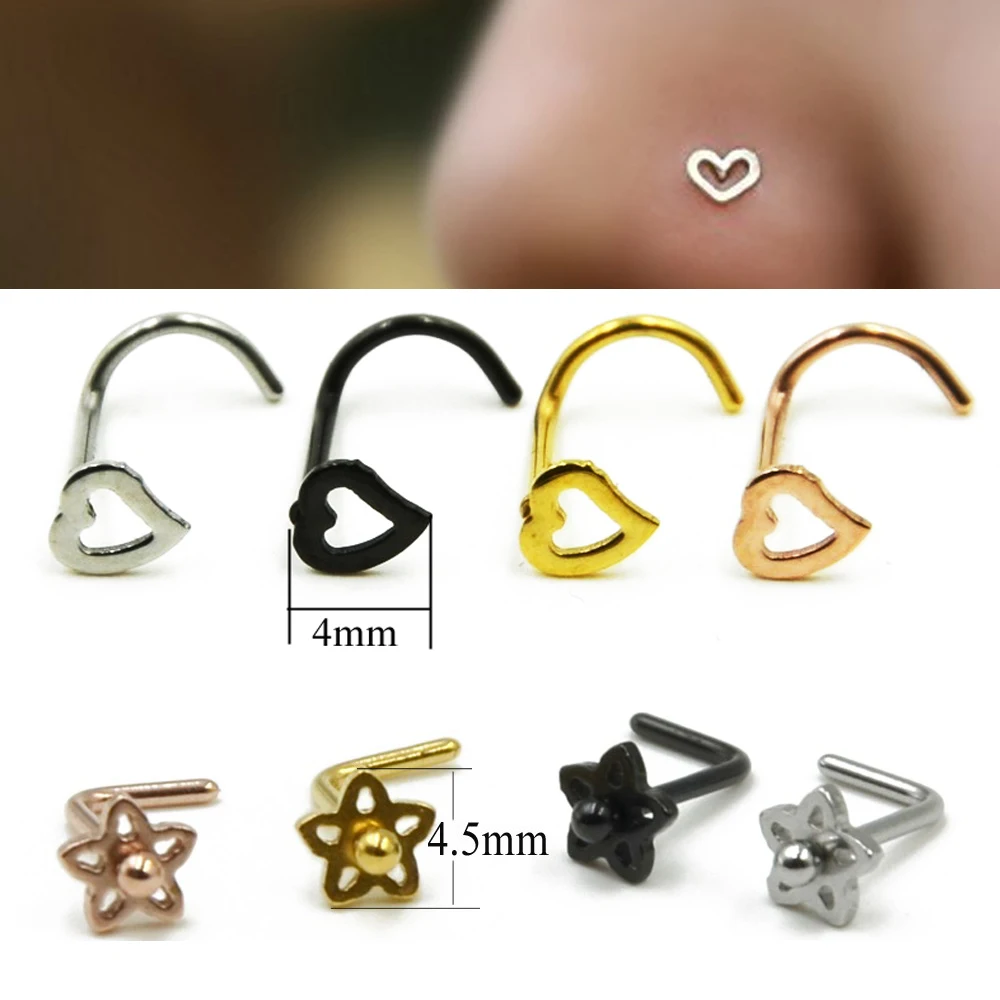 

4Pcs Surgical Steel Hollow Heart Nose Screw Ring Stud L Shape Flower Nose Bone Retainer Holder Piercing Body Jewelry 20g