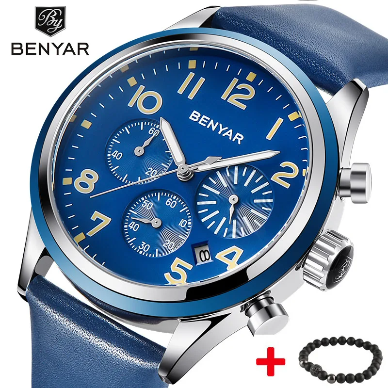 

BENYAR Watch Men Top Luxury Chronograph Business Genuine Leather Army Military Male Quartz Hour Clock Sky Blue Mens Wrist Watch