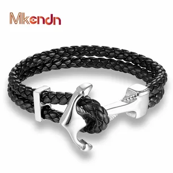 

MKENDN 2017 Fashion Stainless Steel Anchor Bracelet Men Black Braided Cowhide Leather Rope Bracelets Wrap Punk Charm Jewelry