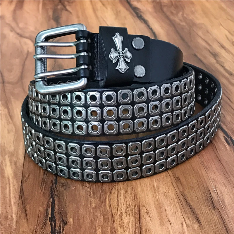 Métal Lourd Cow-Boy Punk Ceinture Cuir Véritable Hip Hop Pour Hommes Croix Rivet
