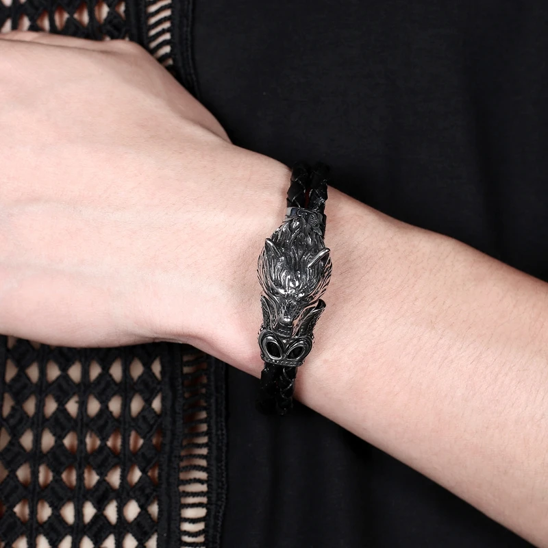 MOZO FASHION 2020 Men Jewelry Black Genuine Leather Bracelet Stainless Steel Punk Ferocious wolf Charm Bracelets Women Gift 543