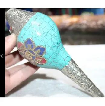 

Fairy Decorative Handmade Tibet Silve Tibetan Turquoise Silver Scripture Words musical instrument Conch Horn Trumpet Statue