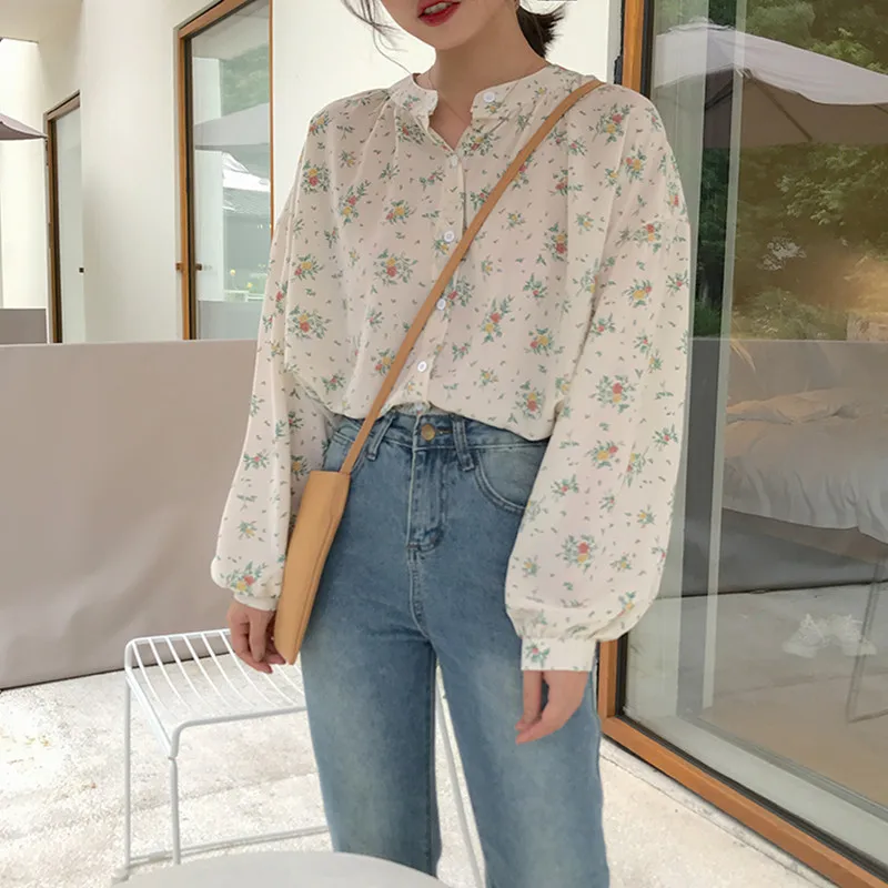 

2019 New Korean Edition Simple Hong Kong Sweet Temperament Small Fragments Printed Collar Chiffon Long Sleeve Shirt Women