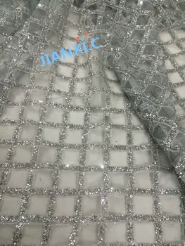 

New design CiCi-72721 african glued glitter lace fabric french tulle lace fabric with silver glitter For party dress