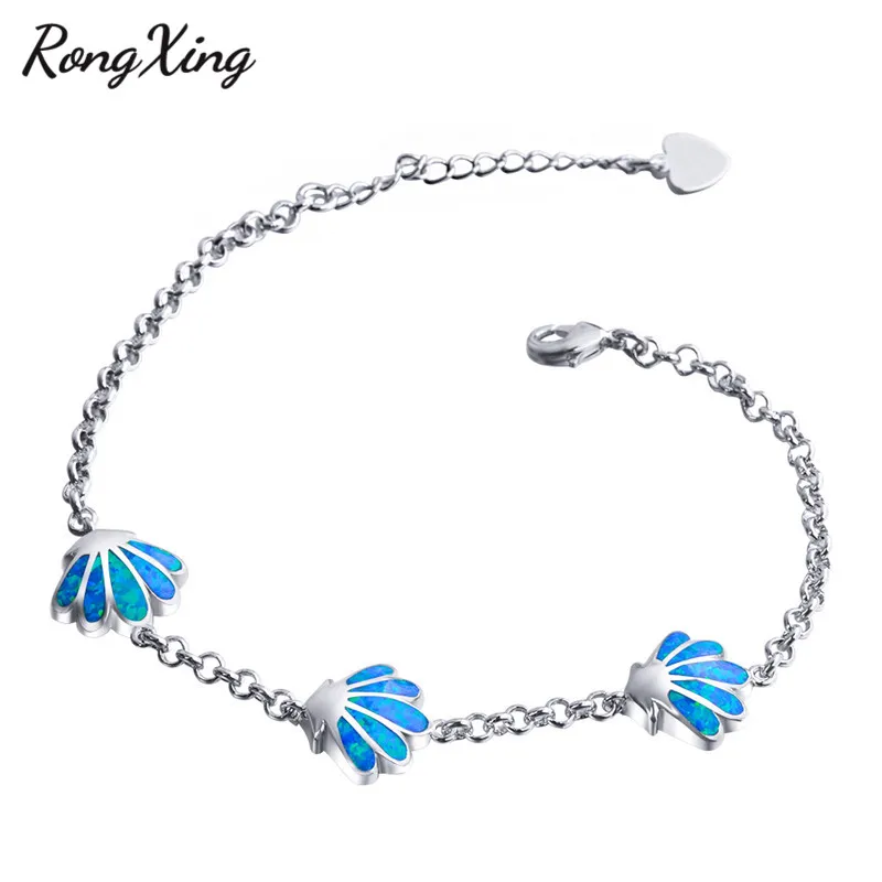 

RongXing Cute Blue Fire Opal Shell Bracelets For Women 925 Sterling Silver Filled Birthstone Scallop Charm Bracelet Gifts BT0086
