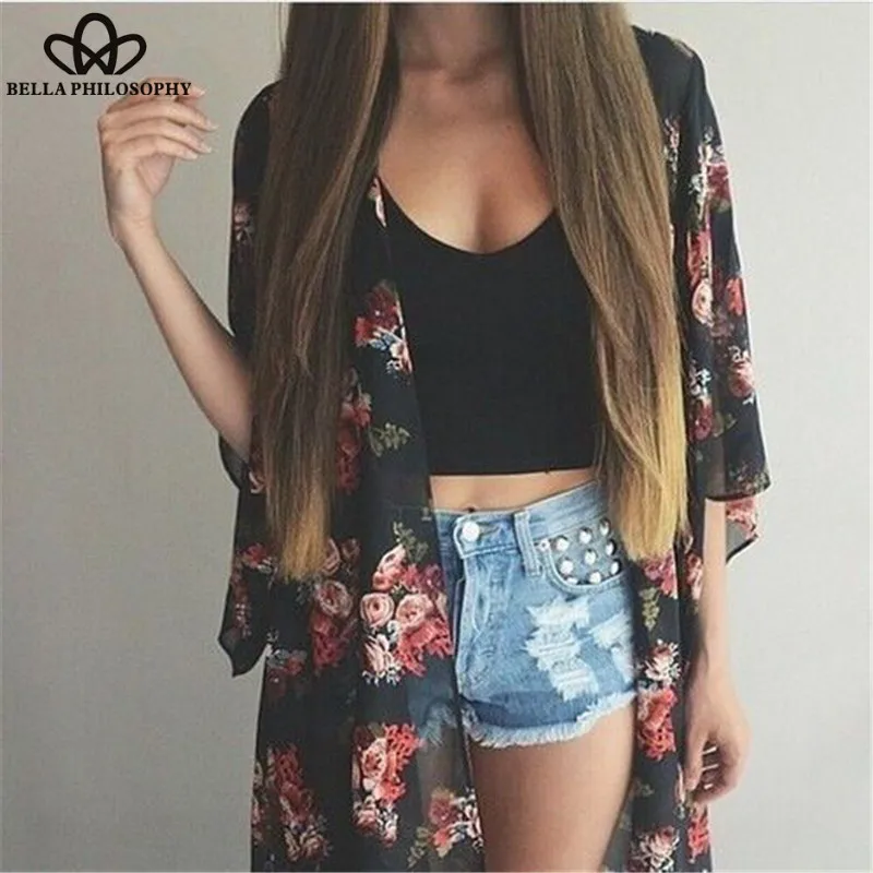 Wonder Casual Vintage Kimono Cardigan Ladies Summer Long Crochet Chiffon Kimono preto Loose flora printed Blouse Tops 2019