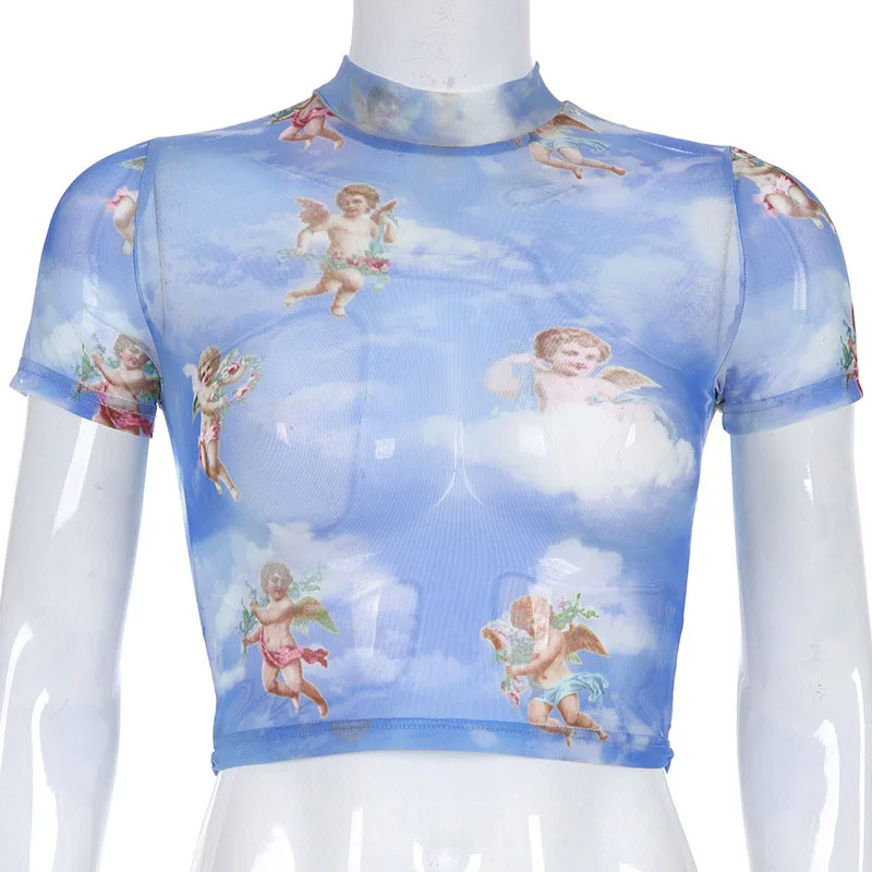 Сексуальная Сетчатая футболка с принтом ангела, укороченный топ с высоким воротом и коротким рукавом, графическая футболка для женщин, уличная одежда, Harajuku, футболки, Лидер продаж - Цвет: blue