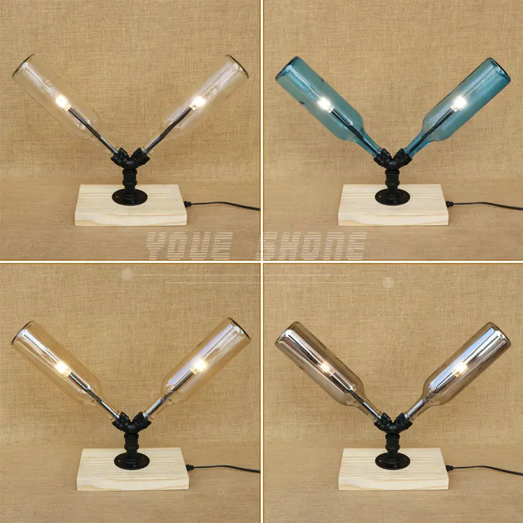 

two winebottles design 4 color wooden base vintage style desk lamp