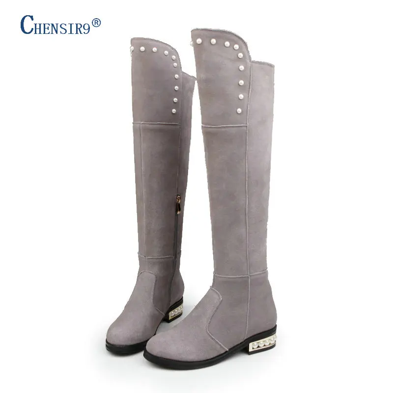

Brand Genuine Leather Suede Rhinstone Low Heel Comfortable Knee High Boots Women Crystal Full Grain Leather Botas Plus Size 43