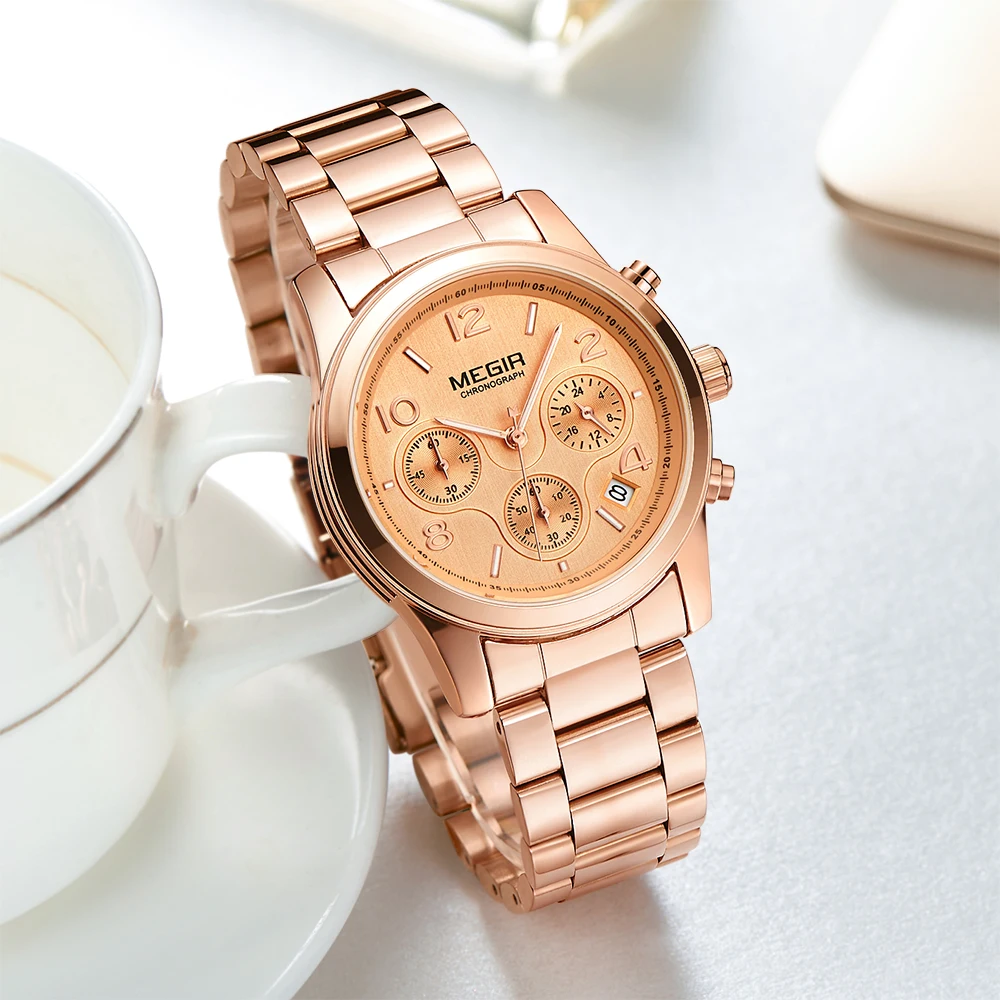 

Megir Ladies Gold Watch Women Luxury Brand Stainless Steel Female Quartz Watches Chronograph Women's Sport Watches For Women