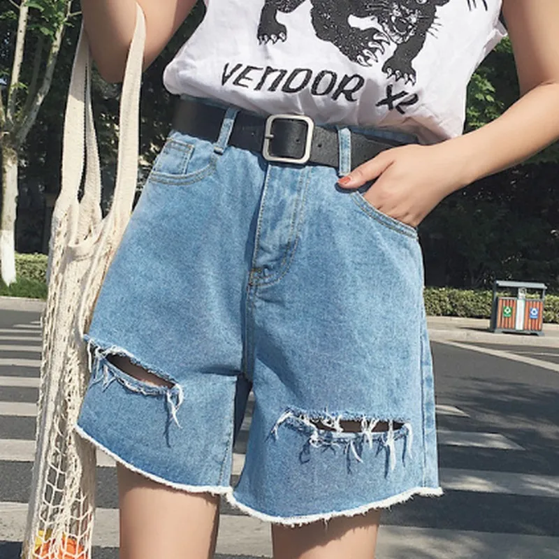 

2019 Summer Casual Loose High Waist Hole Female Denim Shorts Korean Brushed Flanging Jeans Shorts Women Wide Leg Short Pants