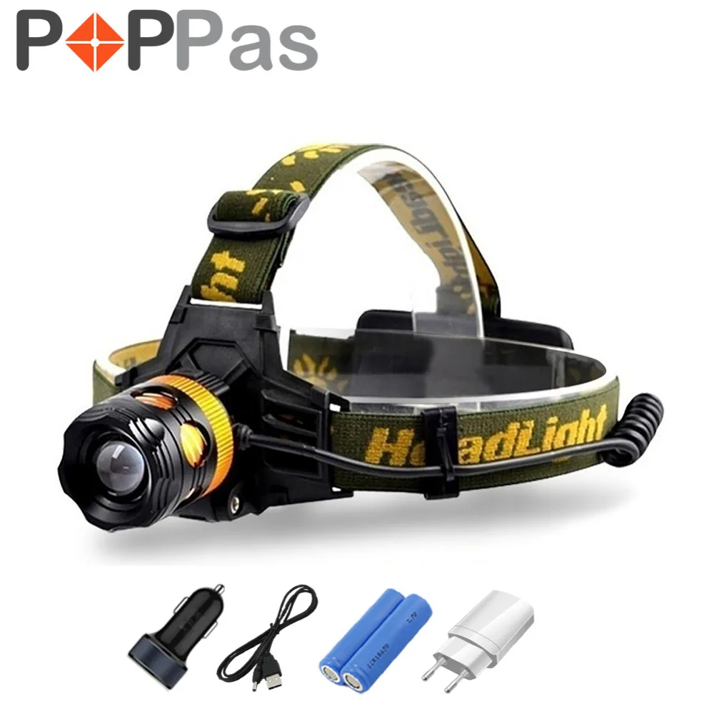 

POPPAS LED Headlamp Flashlight R2 T6 Cree Chips 2000LM Waterproof Rechargeable Camping headlight Torch 18650 Battery Charger