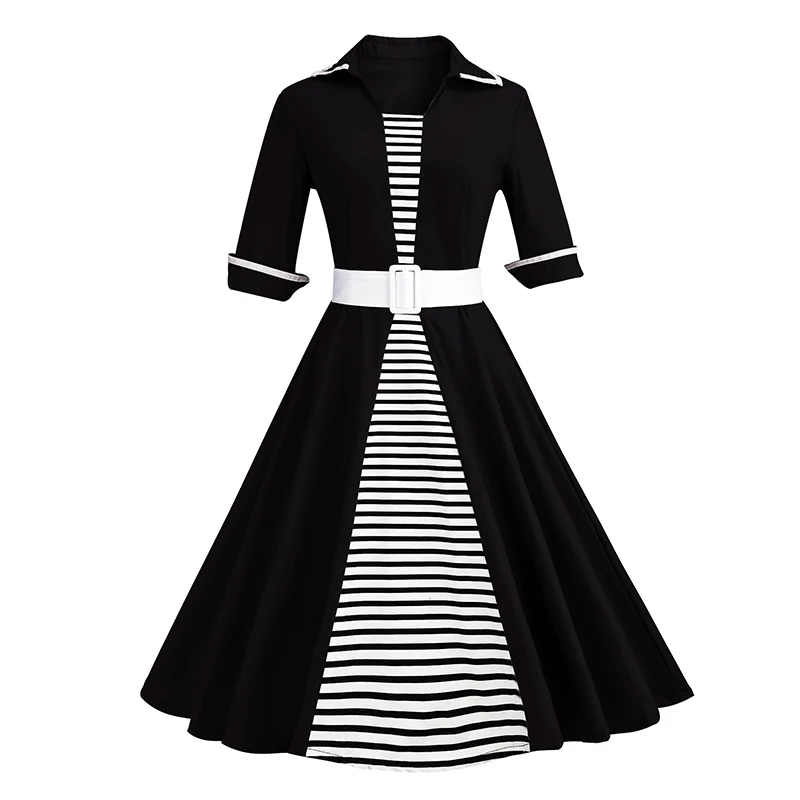 Kostlich Striped Women Autumn Dress 2017 Half Sleeve Audrey Hepburn 1950s Vintage Dress Belt Tunic Swing Party Dresses Plus Size (13)