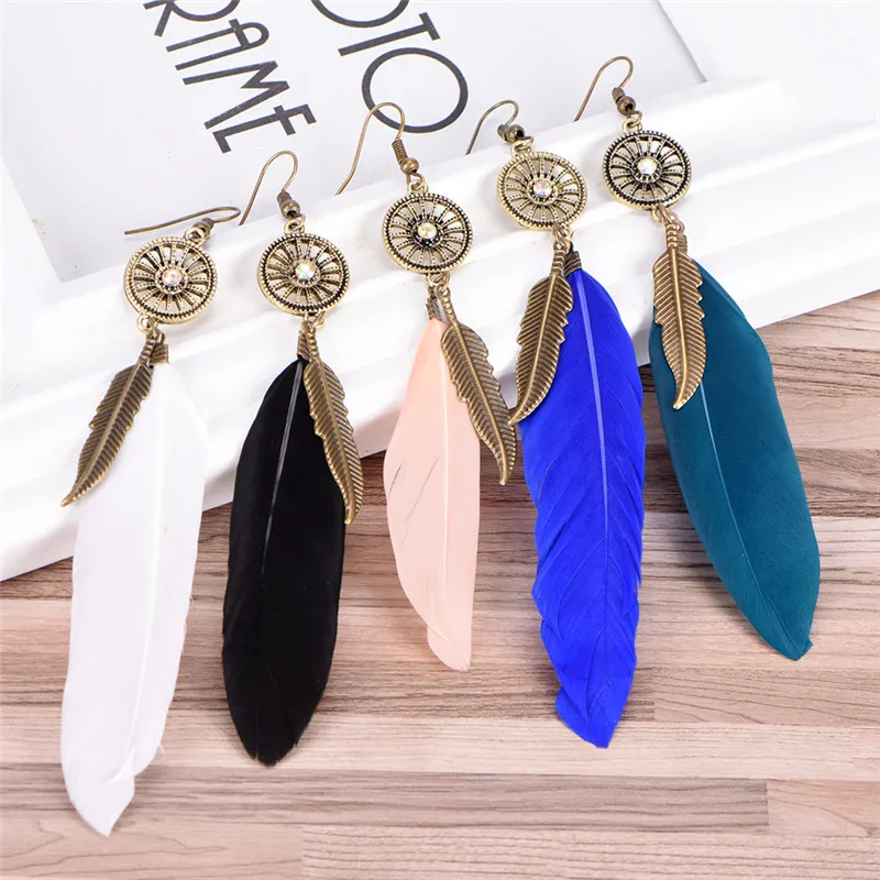 

9cm Flower Rhinestone Feather Tassel Pendant Earring Personality Punk Classic Bronze Earrings