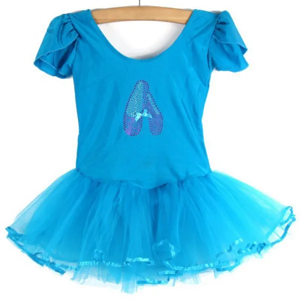 Детское балетное платье-пачка для занятий гимнастикой для девочек, танцевальное платье с короткими рукавами, юбка принцессы с помпонами - Цвет: Синий