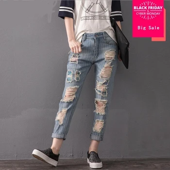

2XL-8XL plus size stripe cotton Ankle-Length Pants 2019 new fashion women 's stiching bleached hole jeans w1497 free shipping