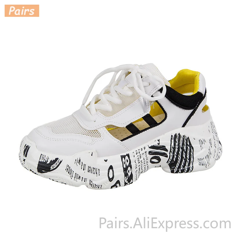 

Graffiti Heels Leather Chunky Platform Sneakers Women Summer Hollow Women Shoes Ladies Colorful Sneakers Casual Soft Sneakers